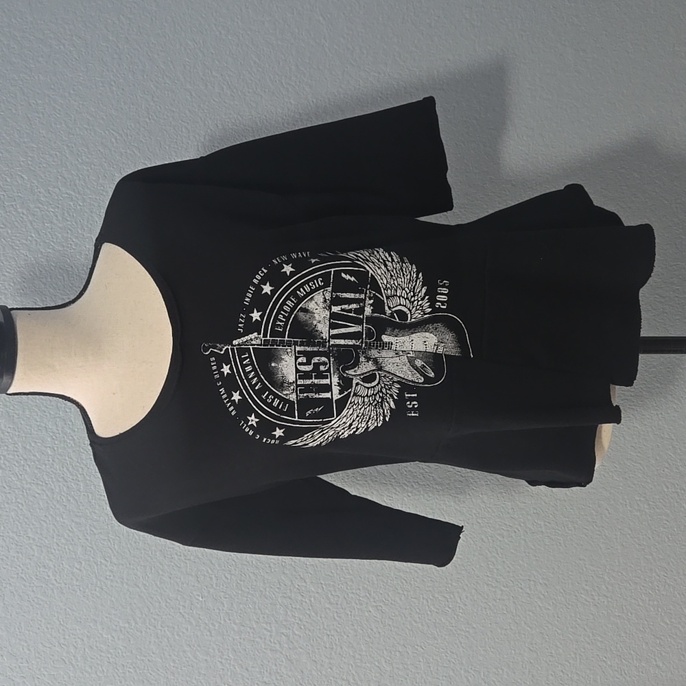 WILLIAM RAST Festival Guitar Graphic Peplum Top Black 1/2 Sleeves Sz Large - Picture 2 of 12